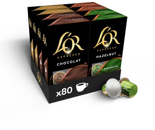 L'Or Espresso Café - Assortiment de 80 capsules Café arômatisé | Compatibles Nespresso®*, lot de 8 x 10 capsules aluminium 4 variétés (20 Noisette + 20 Caramel + 20 Chocolat + 20 Vanille)