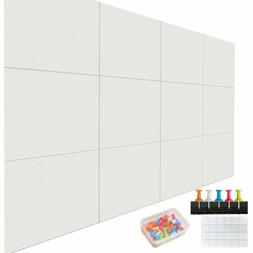 DAWNYIELD Set 12 Pannelli in Feltro Autoadesivi per Parete 30x33 cm, Bianco | Bacheca Murale Fonoassorbente per Appunti, Foto e Promemoria, con Spine e Kit di Montaggio Inclusi, per Ufficio, Casa