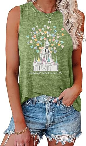 Magic Castle Tank Top Women Happiest Place On Earth Graphic Sleeveless Summer Holiday Vacation Trip Tops Shirts LightGreen 2XL