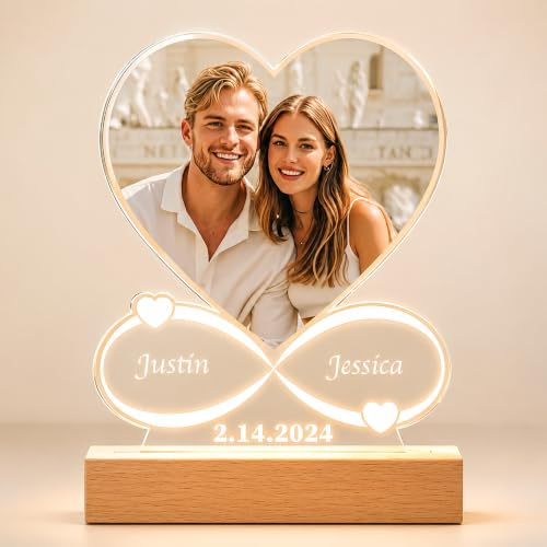 Fashimontr Personalised Double Heart Infinity Night Light – Custom LED Lamp with Photo, Names & Date for Couples, Romantic Decor for Bedroom