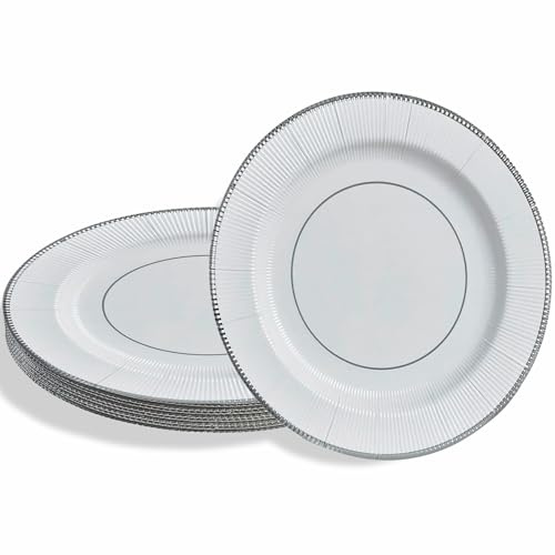 Elegant White/Silver Rim Ruffled Paper Charger Plates - 13 (Pack of 10) - Perfect for Weddings, Banquets, and Upscale Events