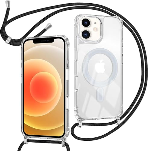 ZYIMOU für iPhone 12 / iPhone 12 Pro Hülle mit Band Kompatibel mit MagSafe, Transparent Magnetische Handyhülle mit Kordel zum Umhängen Handyband Stossfest Schutzhülle，Kette Schwarz