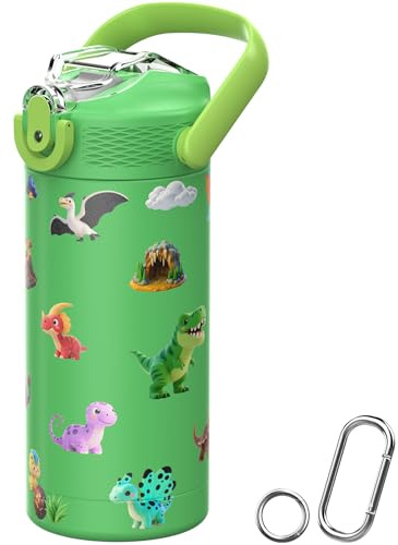 MYFOREST 400ml Isolierte Kinder-Trinkflasche, geruchsneutrale Innenschale in medizinischer Qualität, spülmaschinenfest, Namensfeld, weicher Trinkverschluss (DinoCraft: Chibi)