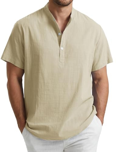 Enlision Chemise Homme Crème Coton et Lin Chemisette Été Homme Manches Courtes sans Col Tunisien Leger Respirant Décontracté Tee Shirt de Bureau Haut Taille L