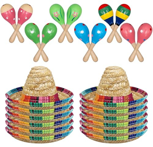 24 pezzi maracas in legno con mini cappelli sombrero – Fiesta set decorativo per bambini, decorazione per feste messicane, Cinco de Mayo, Carnevale, festa di compleanno