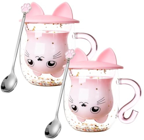 Leikurvo 2 Stück Doppelwandige Kaffeegläser Katze, 350ml Doppelwandige Katzentasse mit Deckel und Löffel, Gläser Kaffeetasse Teegläser Geschenke Valentinstag für Frauen, Geschenke für Katzenliebhaber