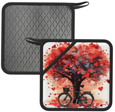 Set di 2 presine in silicone resistenti al calore, con tasche, a forma di cuore, albero, bicicletta, presine, presine antiscivolo, per cucina, barbecue, accessori da cucina, 20 x 20 cm