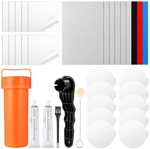 Gejoy Inflatable Boat Pool Patch Repair Kit, 20 Pcs Heavy Duty Self Adhesive PVC TPU Patches with 2 x 30 ml Waterproof Glue, Air Valve Wrench & Storage Bucket for Air Mattress Swimming Ring Liner