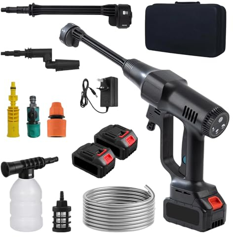 Pulitore ad alta pressione, a batteria da 120 bar, pulitrice a pressione senza spazzole a 3 marce, idropulitrice portatile con 2 batterie, tubo da 10 m, ugello girevole 6 in 1 e 180° per auto