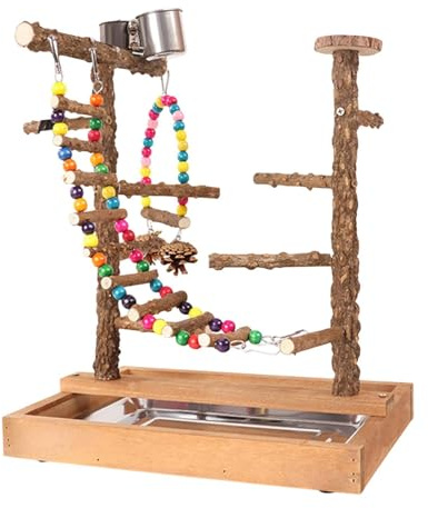 Jiuvaso Parco Giochi per Pappagalli con Scalette da Arrampicata E Supporto in Legno con Ciotola per Il Cibo, Ideale per Piccoli Uccelli.