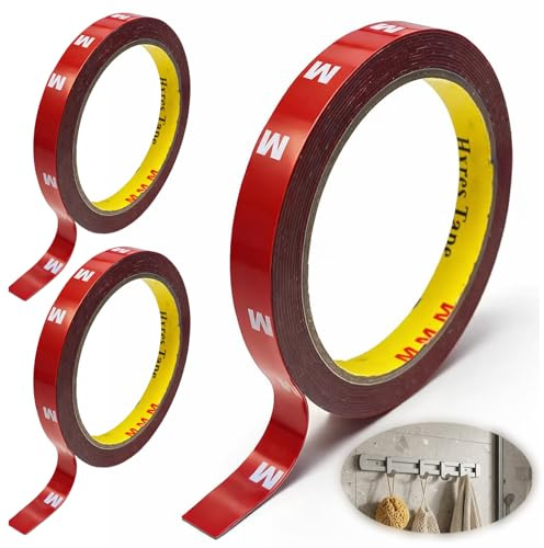 3 piezas Cinta adhesiva de doble cara extra fuerte, para superficies lisas, alta adherencia, resistente al agua y a la humedad, para coche, pared, oficina, deco, molduras, letreros, marcos