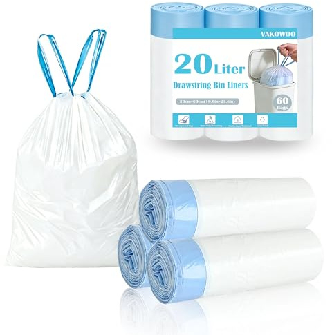 VAKOWOO 20L Bin Bags, 60 Count Drawstring Bin Liners, Pre-Separated, White | 20 Litre Trash Bags with Tie Handle, Thick Garbage Rubbish Bag, for Kitchen, Bathroom, Bedroom, Office, 50cm x 60cm