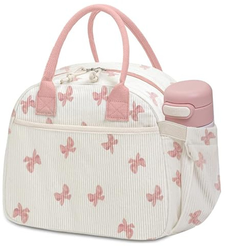 YIChongDan Pink Bow Print Insulated Lunch Bag for Women, 10L Large Insulated Lunch Box Bag, Adults Girls Packed Lunch Box Tote Bags, Soft Cooler Picnic Bags for Work School Picnics