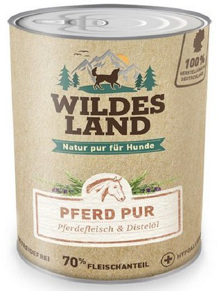 Wildes Land - Nassfutter für Hunde - Pferd PUR - 6 x 400 g - mit Distelöl - Getreidefrei & Hypoallergen - Extra hoher Fleischanteil von 70% - Beste Akzeptanz und Verträglichkeit