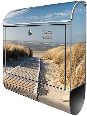 banjado® Design Briefkasten personalisiert Dünen 38,5x46,5x13cm & 2 Schlüssel - Briefkasten Stahl Silber Zeitungsfach pulverbeschichtet - Postkasten A4 Einwurf inkl. Montagematerial
