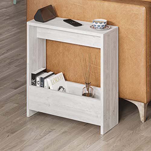 Hocuspicus Beistelltisch mit integriertem Magazinhalter| kompakter Beistelltisch für Wohnzimmer und Büro| platzsparender End Table für kleine Räume| Magazinaufbewahrung| 20 x 55 x 60 cm (Antik Weiß)