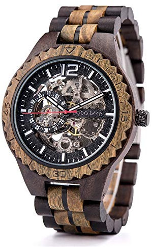 ykop Armbanduhr für Herren, Klassische hohlen Automatik Mechanische Holztisch Herren Digital-Zifferblatt Holzuhr braun Herren Damen Automatikuhr aus Naturholz mit Glasboden (Ebenholz Zebra)