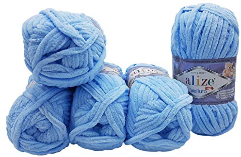 5 x 100 Gramm Alize Velluto Strickwolle, Babywolle, 500 Gramm Wolle Super soft Bulky (hell blau 218)