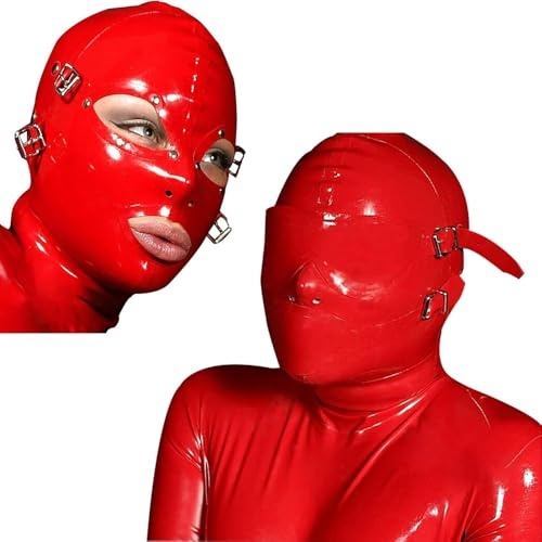 ALMYMM Sexy Erotik Rote Latex Bondage Maske mit abnehmbaren Augen und Mundaufklebern mit rückseitigem Reißverschluss, Fetisch BDSM Cosplay Maske, Mode Liebhaber (M)