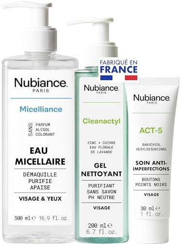 NUBIANCE - Anti-Unreinheiten Routine ACT-5: Aknebehandlung + Micelliance: Mizellenwasser 0% ohne Farbstoffe, ohne Duftstoffe + Cleanactyl Gesichtsreinigungsgel Reinigend