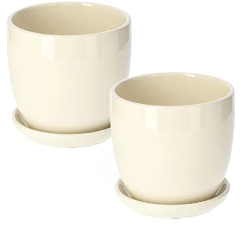 KOTARBAU® 2 x Maceteros con Plato de cerámica esmaltada, 13 cm, Maceta Beige, Tiesto Decorativo para Plantas, Maceta con Plato y Orificio de Drenaje, Reflejo Brillante, Macetas de Ceramica 2 UDS