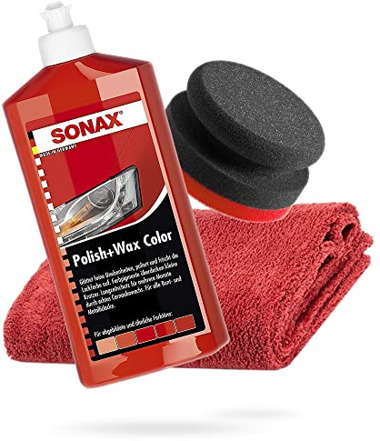 detailmate SONAX Hand Polishing Bundle - Sonax Polish + Wax Colour Red 500 ml Hand Polishing Sponge Hard Diameter 90/50 mm Edgeless Microfibre Polishing Cloth 550 GSM Red
