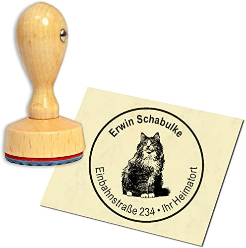Stempel Adressstempel Holzstempel - Norwegische Waldkatze - rund ∅ 40mm personalisiert als Firmenstempel Namensstempel Bürostempel