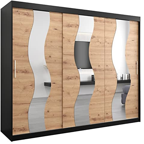 MEBLE KRYSPOL Sewilla 250 Schlafzimmerschrank mit DREI Schiebetüren, Spiegel, Kleiderstange und Regalen – 250x200x62cm - Mattschwarz + Artisan