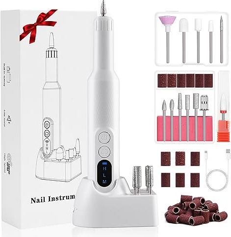 URAQT Elektrisk Nagelborr, Sladdlös Nagelfilsmaskin med 12 Nagelborr, Professionell Elektrisk Nagelfil för Hem- och Salongsbruk, Bärbar Nagelfilssats med Trådlös Laddningsbas (Vit)