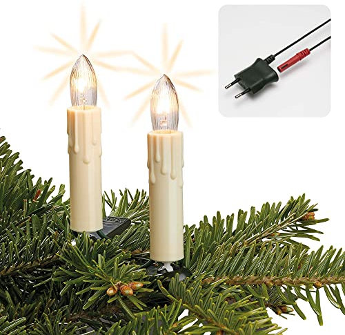 hellum Lichterkette innen Wachstropfen Made in Germany, 20,3m beleuchtet mit 30 Riffelkerzen elfenbein, Weihnachtsbaum mit Kabel grün, teilbaren Stecker und Clips, klar Glühfaden <59lm 814118