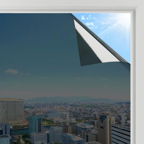 rabbitgoo Spiegelfolie Fenster Sichtschutz, Einseitig Fensterfolie Blickdicht von außen Schwarzsilber 44,5x200cm, von innen durchsichtig Selbstklebend Sonnenschutzfolie UV Schutzfolie Sichtschutzfolie