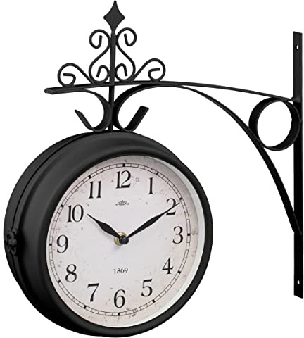 WiseAccordio 23 cm Round Patio Station Clock - Dual Sided Outdoor Waterproof Garden Decor With Retro Dial Wall Mount (Black)