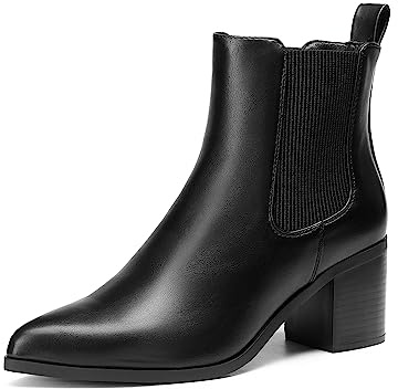 DREAM PAIRS Women's Retro Elastic Chelsea Ankle Boots Fashion Low Chunky Block Heel Pointed Toe Fall Heeled Booties Shoes, SDAB2314W, BLACK PU, SIZE 8.5
