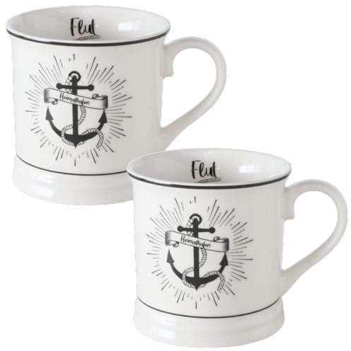Seaside No.64 - Maritime Jumbobecher aus Keramik - Kaffeetasse mit Henkel - XXL-Teepott mit Innendruck Ebbe und Flut - Trinktasse mit Anker oder Seemann - 400ml - schwarz/weiß (Set 2 x Anker)