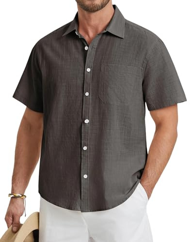 HISDERN Herr kortärmade linnetröjor ledig button-down vanlig skjorta med ficka för sommar strand normal passform, Mörkgrått, L