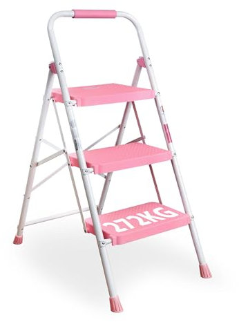 BONTEC Trittleiter 3 Stufen Klappbar, 150kg Kapazität mit Breiten Anti-Rutsch-Pedalen, Faltbarer Stahl-Tritthocker, Schwamm-Lenker, Zuhause, Speisekammer, Innen- und Außenbereich, Rosa