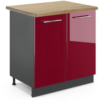 Vicco Meuble Bas sous-évier Fame-Line, Rouge Bordeaux Haute Brillance, 80cm, PT Chêne, à Combiner avec d'autres modules de la série Fame-Line