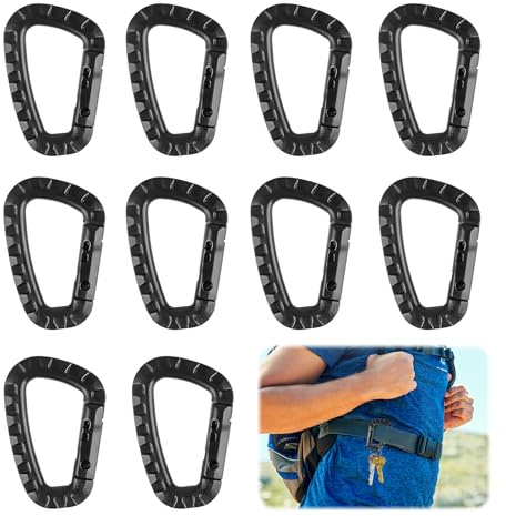 JRYGAC 10 Stück Plastik Karabiner, Karabinerhaken Kunststoff, D Form Carabiner mit Federhaken, Karabiner Taktisch, für Wasserflaschen, Rucksack, Hundeleine, Camping, Reisen, Wandern (Schwarz)