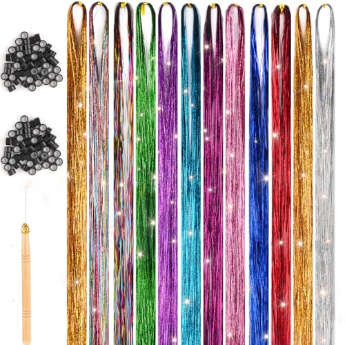 Hair Tinsel,48 Inches Haar Lametta mit Werkzeug,12 Farben Glitzer Haarsträhnen | zum Flechten Haar Lametta,Sparkle Tinsel Hair Extensions für Frauen Mädchen Kinder Cosplay Party Zubehör