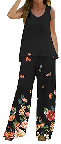 Frauen 2-teilige Outfits Boho Lässig Bedruckte Weste ärmelloses Oberteil lockere Hose mit weitem Bein Zweiteiliger Langarmshirt Elegant Damen Ganze Hosenanzüge Damen