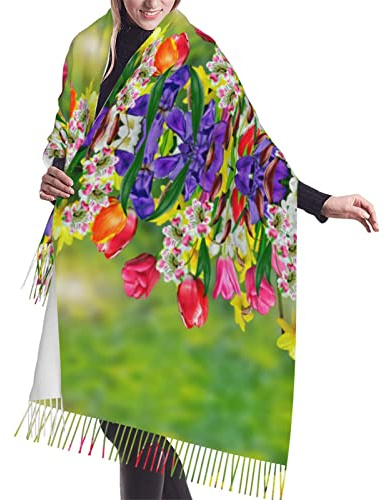 ESNAIUVCD Kaschmir-Deckenschal mit Frühlingsblumen-Druck, Pashmina-Schal, Winterschal, große Wickeltuch, Damen-Geschenke, Schwarz , Einheitsgröße