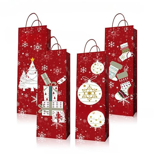POPOYU 12Pcs Christmas Bottle Gift Bags,Christmas Wine Kraft Paper Bags Champagne GiftBags,Xmas Wine Bottle Bag with Handles Xmas Bottle Carrier Bag for Hostess Gifts,Wine,Whiskey,Spirits