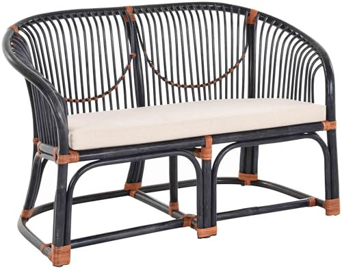 Krines Home Gestäbtes Korbsofa mit Armlehne Zweisitzer Rattan Bank Lounge Sofa (Blau/Rotbraun)