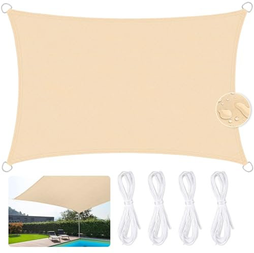 AQXONG Vela Parasole Impermeabile Dell'ombrellone 3x5m, Tessuto Oxford 420D Vela Ombreggiante, Resistente ai Raggi UV 95%, Vela Ombreggiante per Piscina, Giardino, Terrazza, Parco, Campeggio - Beige