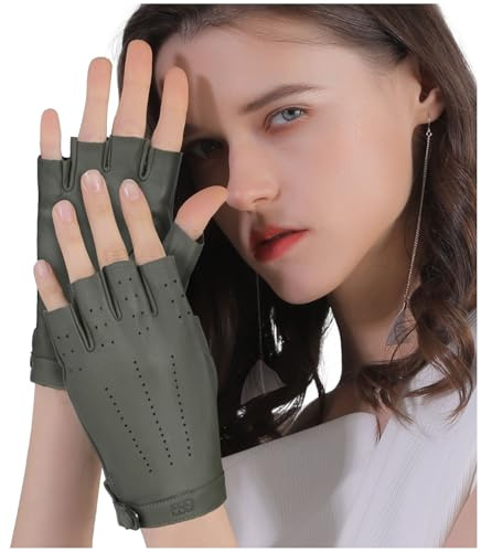 GSG SINCE 1998 Guanti Pelle Donna Senza Dita – Pelle di Pecora, Senza Fodera, Mezza Dita per Guida, Ciclismo e Attività Outdoor, Verde XL