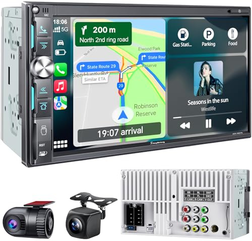 SJoyBring QLED Double Din Car Stereo with Dash Cam & Backup Camera, Wireless Apple CarPlay & Android Auto, Bluetooth, 4.2-Ch 2 Subwoofers Outputs, 7 inch Touchscreen, MirrorLink, FM/AM Radio
