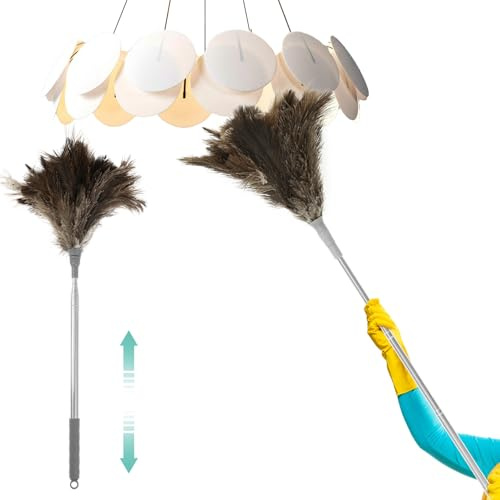 Ostrich Feather Dusters Extendable Lightweight Long Handled Ceiling Fans Feather Duster with Anti Slip Handle Long Duster for High Ceilings Chandelier Glass Furniture Electronics(1.9M)