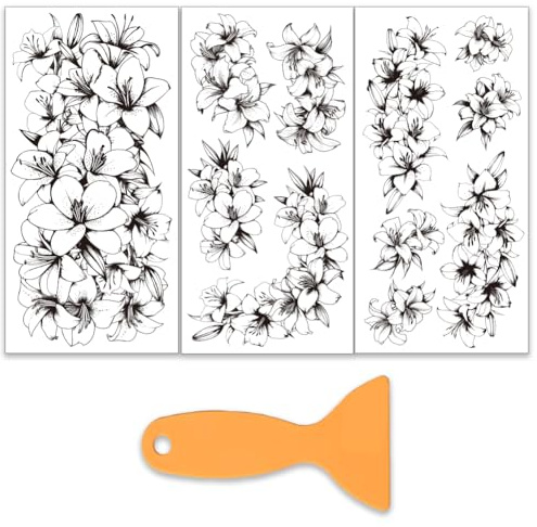 OLYCRAFT 3pcs/set autocollants de Transfert de Lys Noir et Blanc Meubles Loisirs Créatifs Motif Croquis de 15x30cm avec 1pcs grattoirs pour Scrapbooking Fenêtre Décoration D'Intérieur