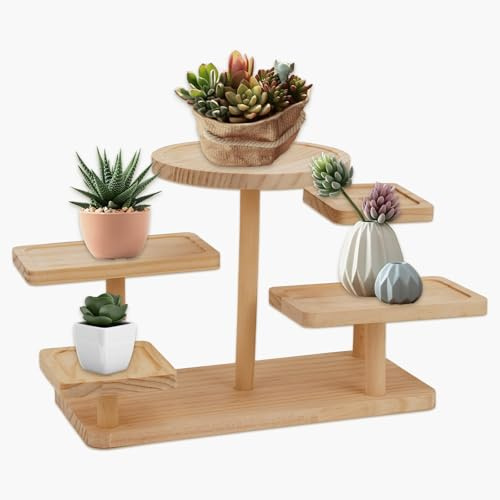 JUMRHFAN Wood Small Plant Stand,Window Sill Plant Shelf,Round Tabletop Plants Stands,Desktop Plant Stand for Office Bedroom Dining Room Study (5 Tier)