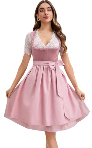 Goxozzy Dirndl Damen Midi aus Samt mit Dirndlschürze für das Oktoberfest Lang Trachtenrock Größen 34-44 Rocklänge 60cm Rosa